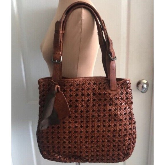 VILENCA HOLLAND Handbag Leather Woven Cut Out Buckle Tote Cognac New - Picture 5 of 14
